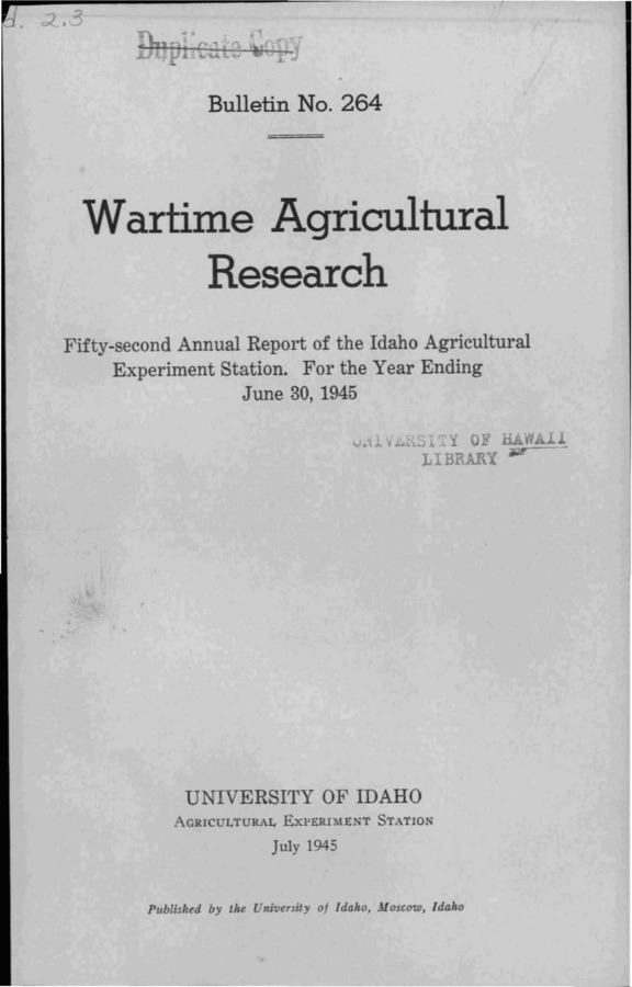 Idaho Agricultural Experiment Station,  Bulletin No. 264, 1945