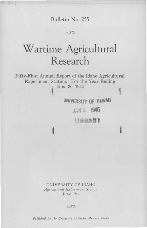 Idaho Agricultural Experiment Station,  Bulletin No. 255, 1944