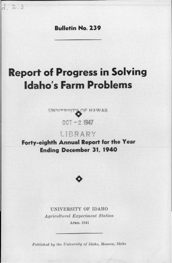Idaho Agricultural Experiment Station,  Bulletin No. 239, 1941