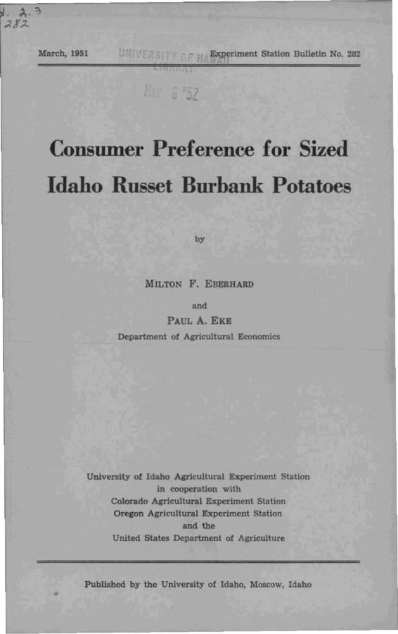 Idaho Agricultural Experiment Station,  Bulletin No. 282, 1951