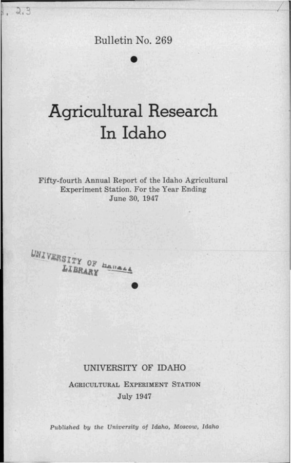 Idaho Agricultural Experiment Station,  Bulletin No. 269, 1947