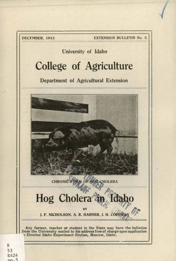 University of Idaho, College of Agriculture, Extension Division, Extension bulletin No. 005, 1913.
