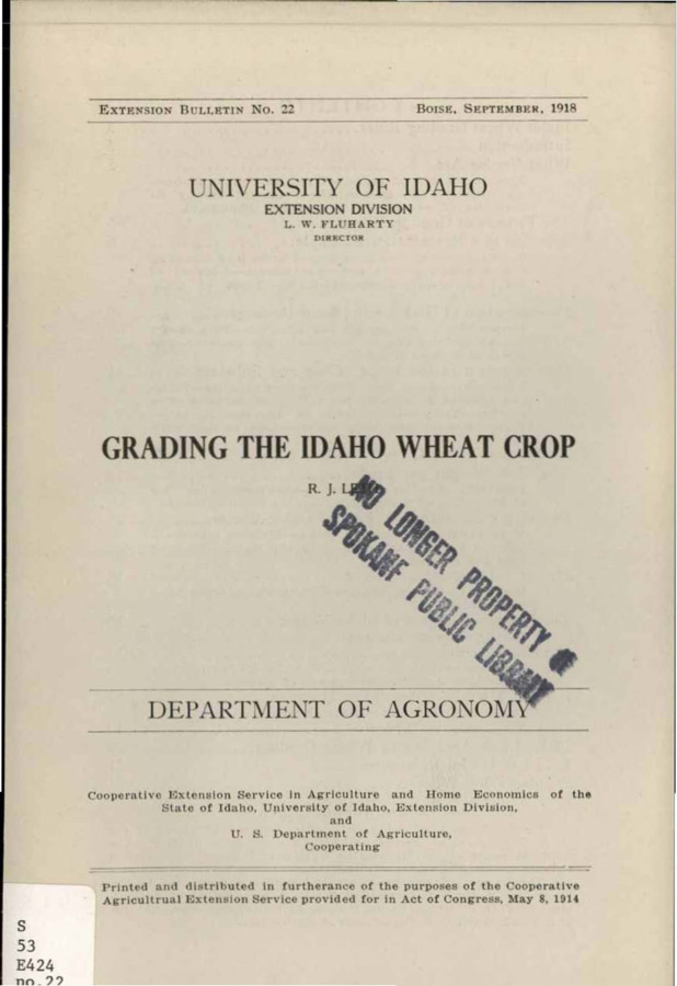 University of Idaho, College of Agriculture, Extension Division, Extension bulletin No. 022, 1918.