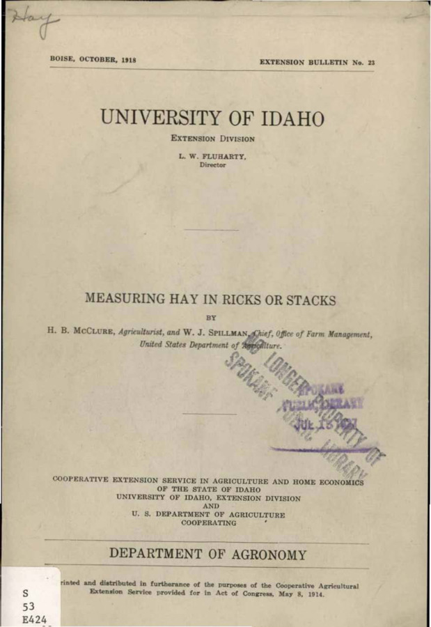 University of Idaho, College of Agriculture, Extension Division, Extension bulletin No. 023, 1918.