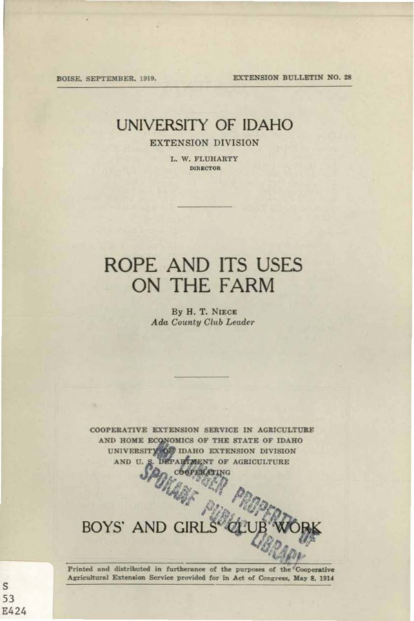 University of Idaho, College of Agriculture, Extension Division, Extension bulletin No. 028, 1919.
