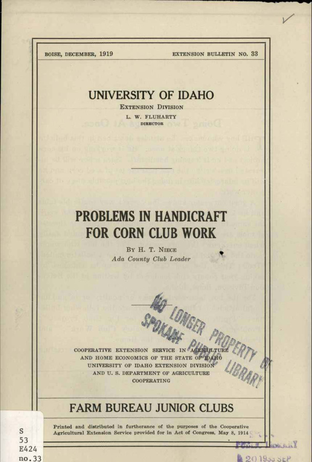 University of Idaho, College of Agriculture, Extension Division, Extension bulletin No. 033, 1919.