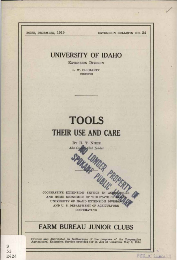 University of Idaho, College of Agriculture, Extension Division, Extension bulletin No. 034, 1919.
