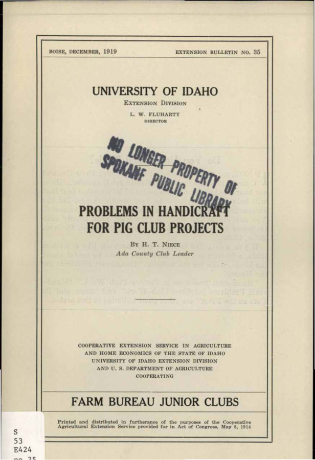 University of Idaho, College of Agriculture, Extension Division, Extension bulletin No. 035, 1919.