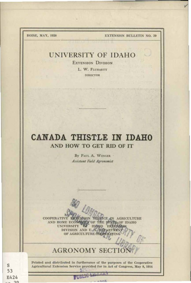 University of Idaho, College of Agriculture, Extension Division, Extension bulletin No. 039, 1920.
