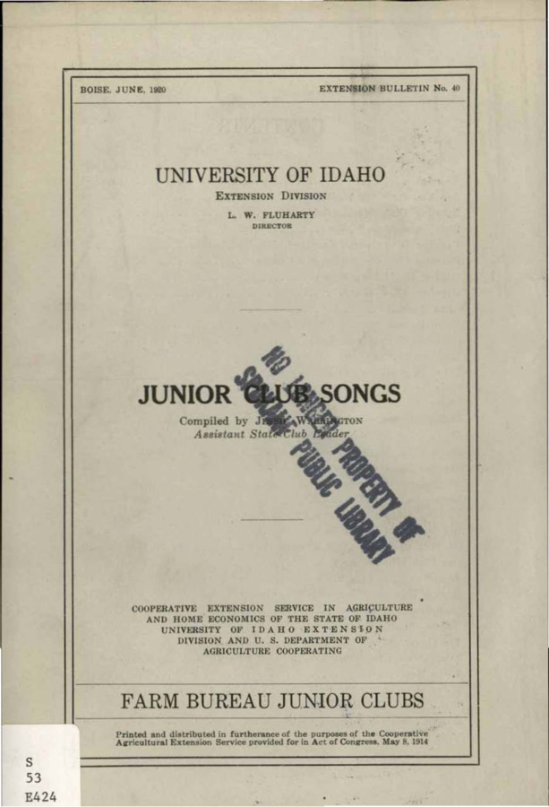 University of Idaho, College of Agriculture, Extension Division, Extension bulletin No. 040, 1920.