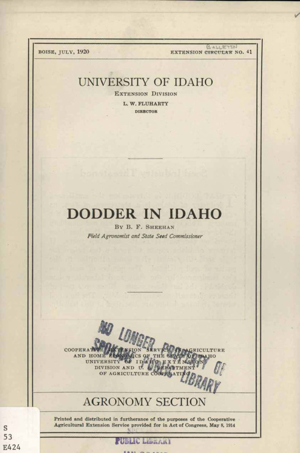 University of Idaho, College of Agriculture, Extension Division, Extension bulletin No. 041, 1920.