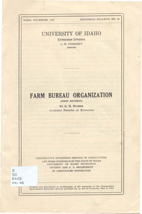 University of Idaho, College of Agriculture, Extension Division, Extension bulletin No. 046, 1920.