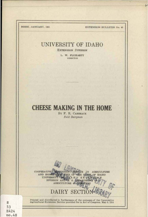 University of Idaho, College of Agriculture, Extension Division, Extension bulletin No. 048, 1921.