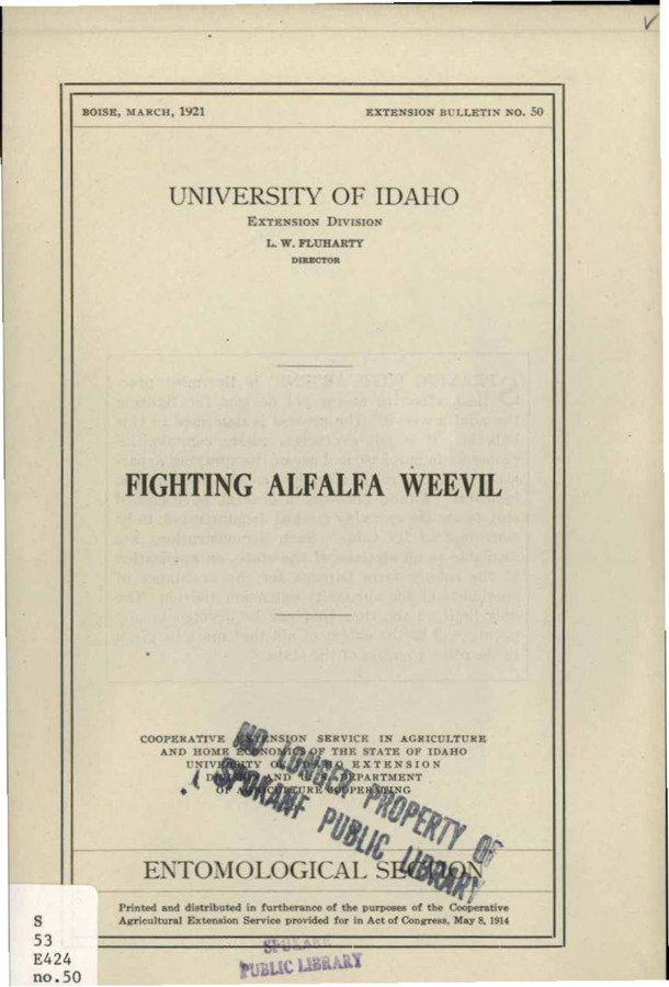 University of Idaho, College of Agriculture, Extension Division, Extension bulletin No. 050, 1921.