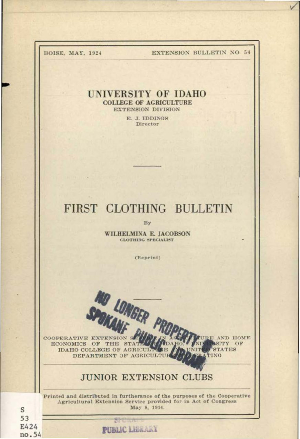 University of Idaho, College of Agriculture, Extension Division, Extension bulletin No. 054, 1924.