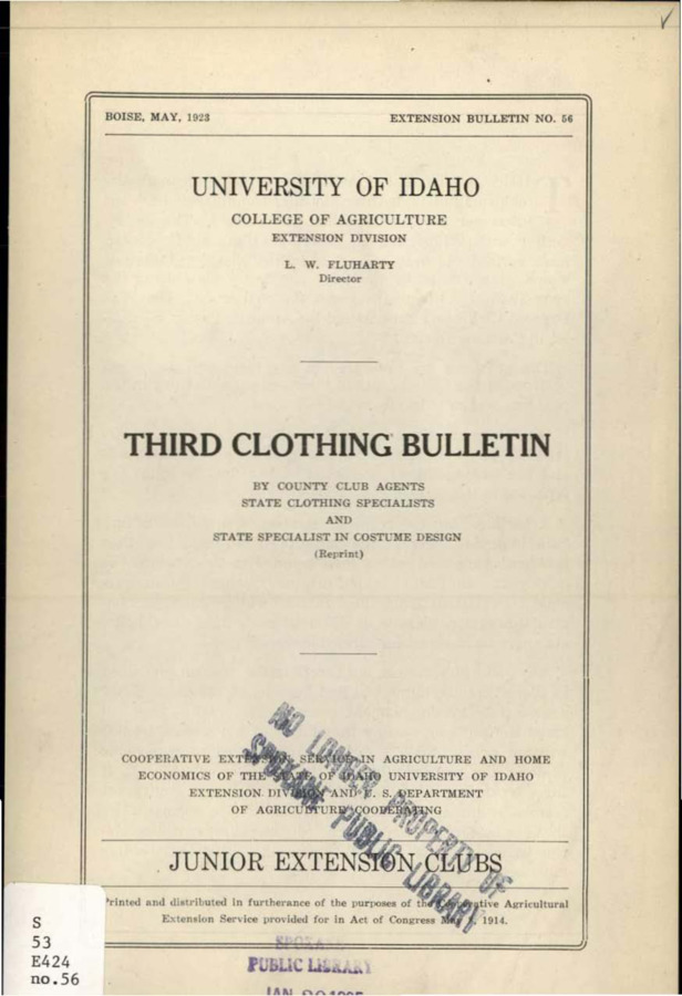 University of Idaho, College of Agriculture, Extension Division, Extension bulletin No. 056, 1923.