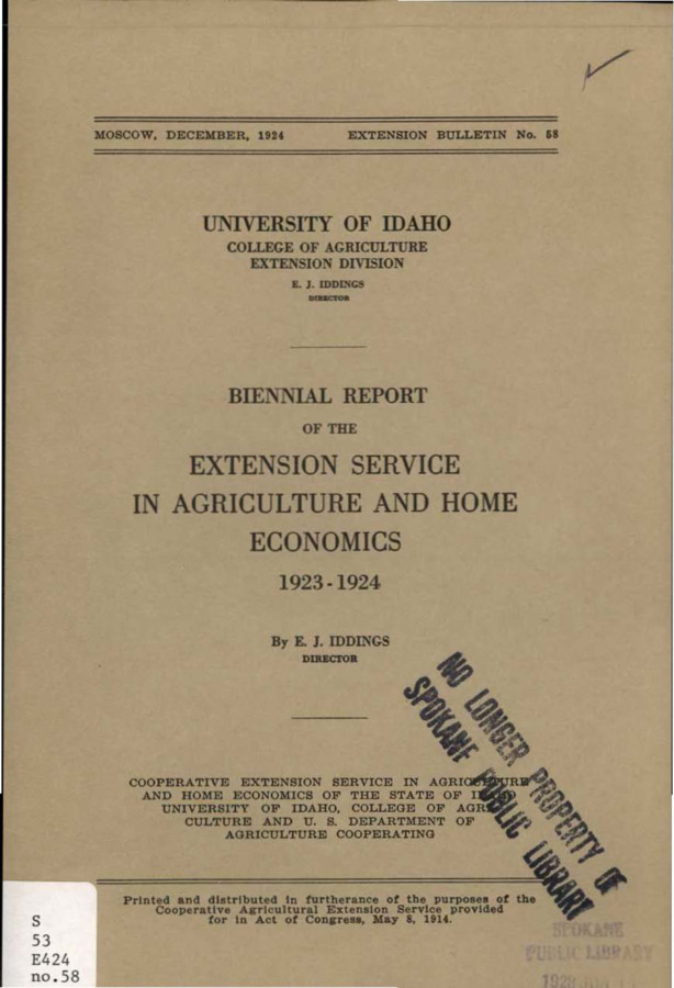 University of Idaho, College of Agriculture, Extension Division, Extension bulletin No. 058, 1924.