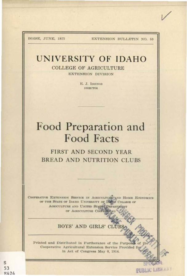 University of Idaho, College of Agriculture, Extension Division, Extension bulletin No. 059, 1925.