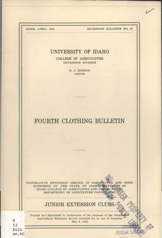 University of Idaho, College of Agriculture, Extension Division, Extension bulletin No. 060, 1925.