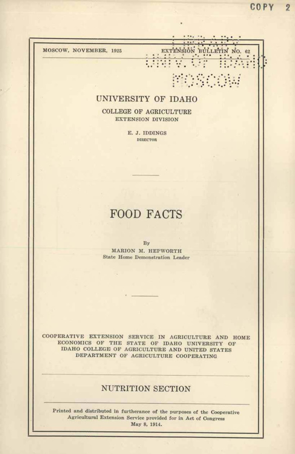 University of Idaho, College of Agriculture, Extension Division, Extension bulletin No. 062, 1925.