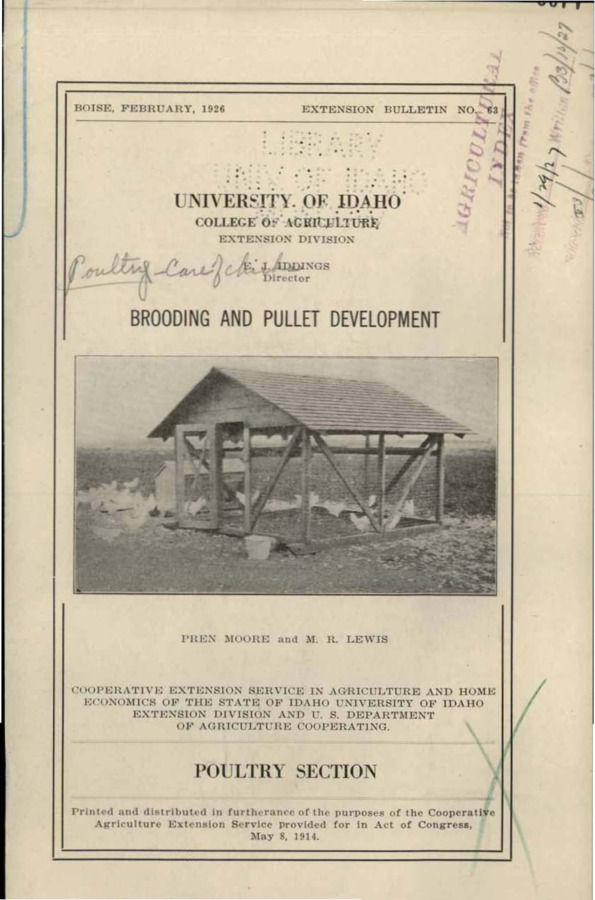 University of Idaho, College of Agriculture, Extension Division, Extension bulletin No. 063, 1926.