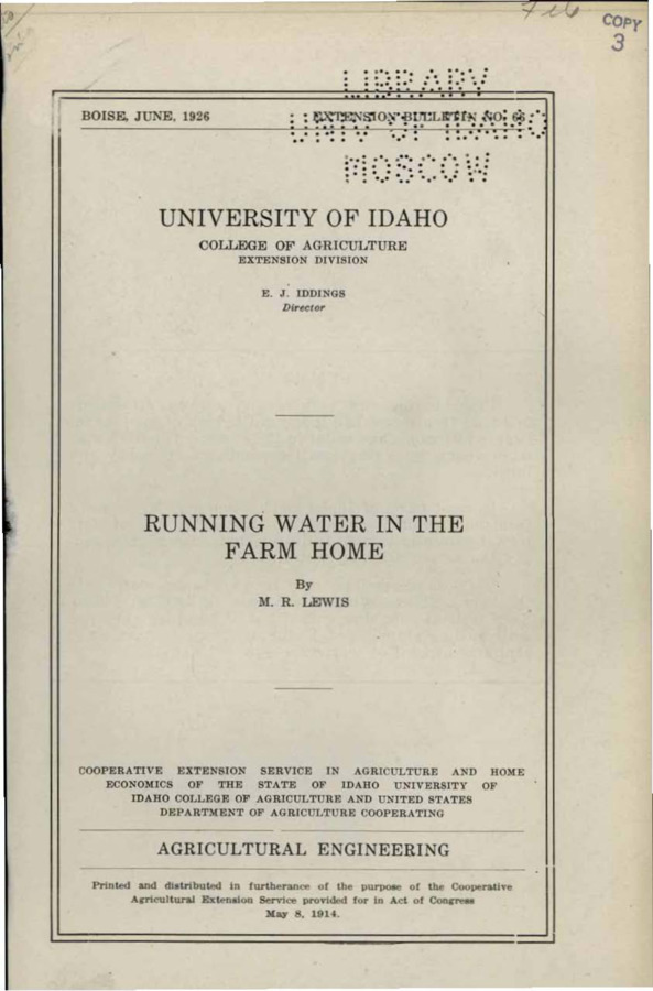 University of Idaho, College of Agriculture, Extension Division, Extension bulletin No. 066, 1926.