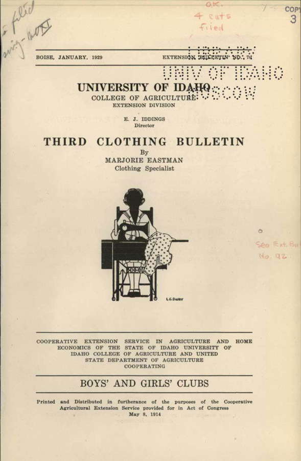 University of Idaho, College of Agriculture, Extension Division, Extension bulletin No. 070, 1929.