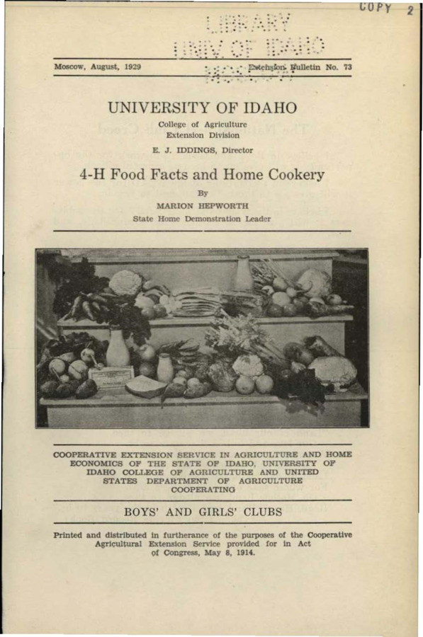 University of Idaho, College of Agriculture, Extension Division, Extension bulletin No. 073, 1929.