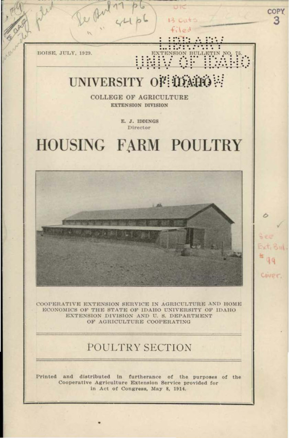 University of Idaho, College of Agriculture, Extension Division, Extension bulletin No. 075, 1929.