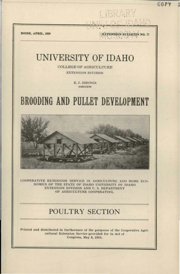 University of Idaho, College of Agriculture, Extension Division, Extension bulletin No. 077, 1930.