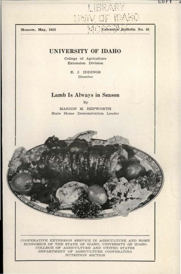 University of Idaho, College of Agriculture, Extension Division, Extension bulletin No. 081, 1931.