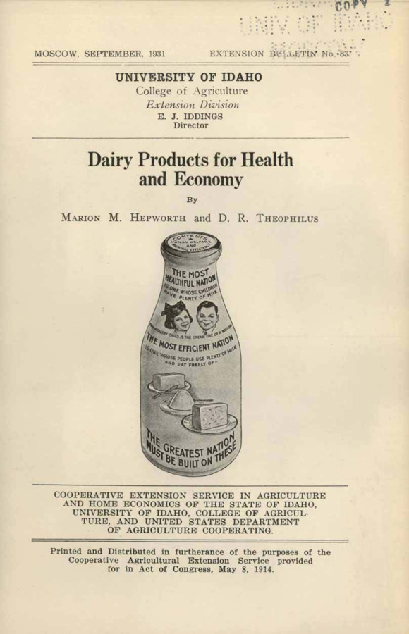 University of Idaho, College of Agriculture, Extension Division, Extension bulletin No. 083, 1931.