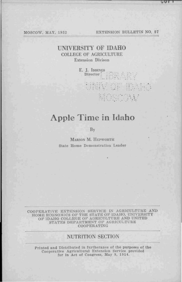 University of Idaho, College of Agriculture, Extension Division, Extension bulletin No. 087, 1932.