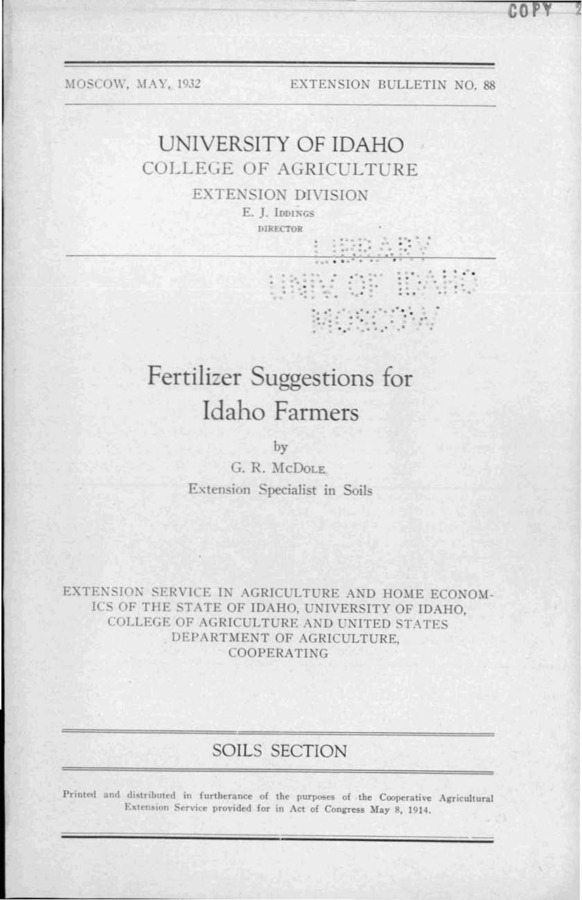 University of Idaho, College of Agriculture, Extension Division, Extension bulletin No. 088, 1932.