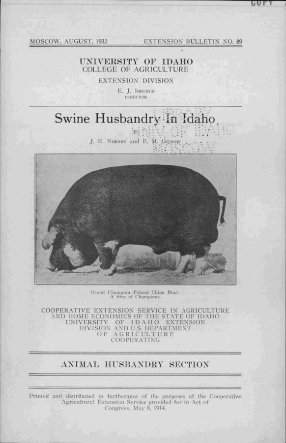 University of Idaho, College of Agriculture, Extension Division, Extension bulletin No. 089, 1932.