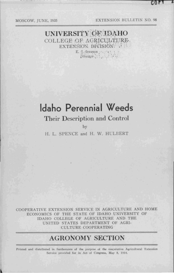 University of Idaho, College of Agriculture, Extension Division, Extension bulletin No. 098, 1935.