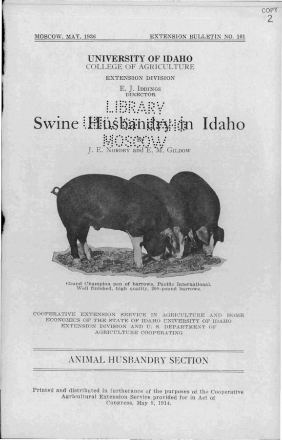 University of Idaho, College of Agriculture, Extension Division, Extension bulletin No. 101, 1936.
