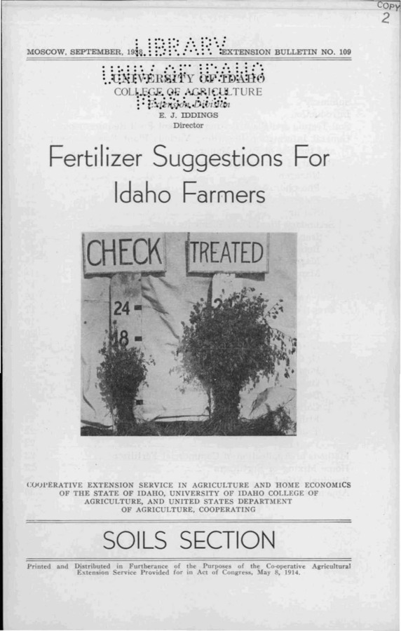 University of Idaho, College of Agriculture, Extension Division, Extension bulletin No. 109, 1938.