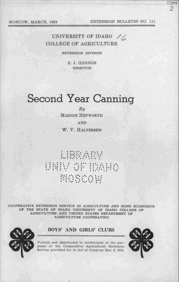 University of Idaho, College of Agriculture, Extension Division, Extension bulletin No. 111, 1939.