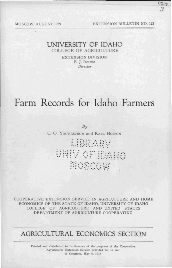 University of Idaho, College of Agriculture, Extension Division, Extension bulletin No. 123, 1939.