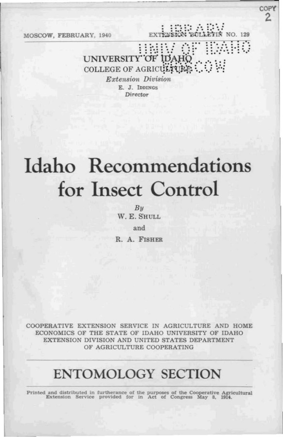 University of Idaho, College of Agriculture, Extension Division, Extension bulletin No. 129, 1940.