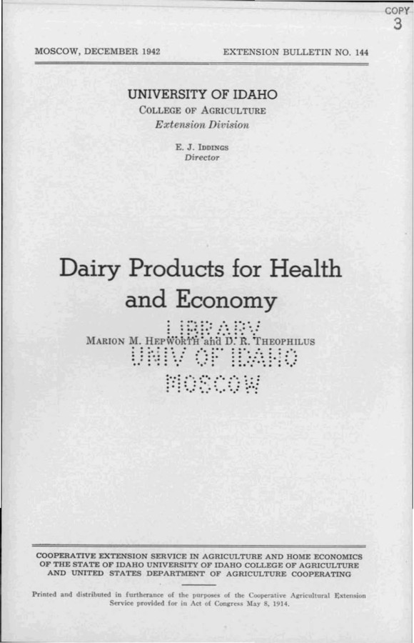 University of Idaho, College of Agriculture, Extension Division, Extension bulletin No. 144, 1942.