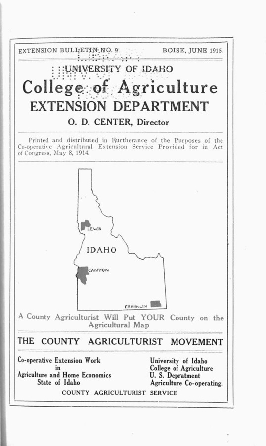 University of Idaho, College of Agriculture, Extension Division, Extension bulletin No. 009, 1915.