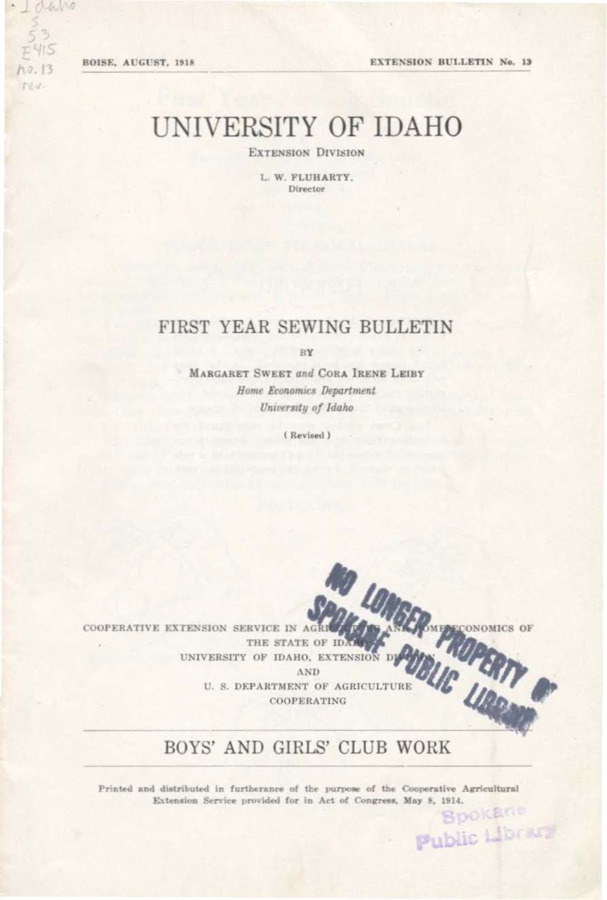 University of Idaho, College of Agriculture, Extension Division, Extension bulletin No. 013, 1915.
