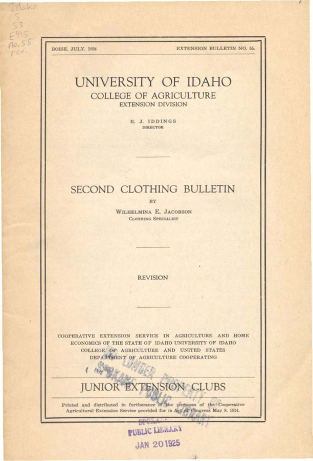University of Idaho, College of Agriculture, Extension Division, Extension bulletin No. 055, 1925.