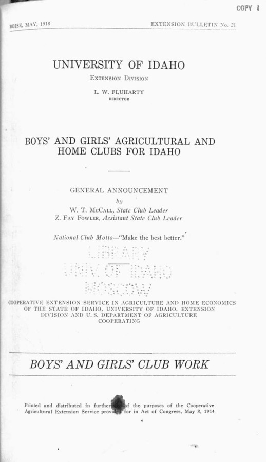 University of Idaho, College of Agriculture, Extension Division, Extension bulletin No. 021, 1918.