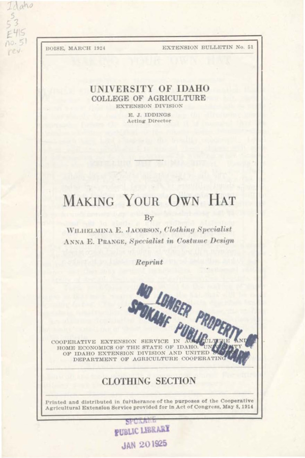 University of Idaho, College of Agriculture, Extension Division, Extension bulletin No. 051, 1922.