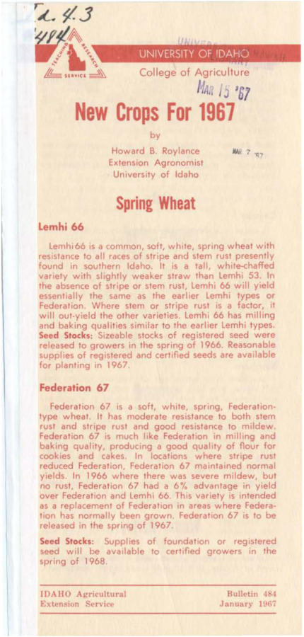 Bulletin no. 484 Moscow, Idaho :University of Idaho, College of Agriculture,1967.  by Howard B. Roylance.  1 folded sheet (4 P.) ;23 cm.