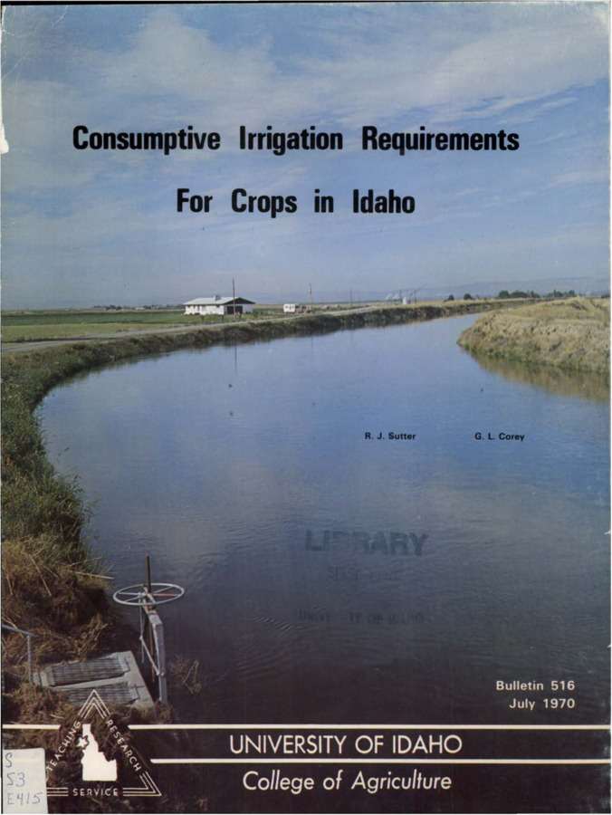 Bulletin no. 516 Moscow, Idaho :University of Idaho, College of Agriculture,1970.  R.J. Sutter, G.L. Corey.  97 p. :ill., 1 map ;28 cm.  Cover title.;Chiefly tables.;"" ... financed by the Idaho Water Resources Board.""