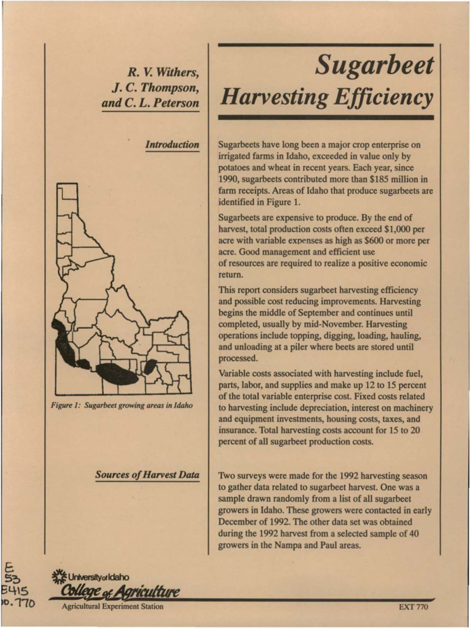 Bulletin no. 770 Moscow, Idaho :University of Idaho, College of Agriculture, Agriculture Experiment Station, 1994-12-01. Author(s): Withers, Russell V.; Thompson, Joseph C.; Peterson, Charles L.
